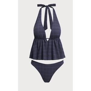 Samiol Black Deep V Plaid Tankini Size Medium